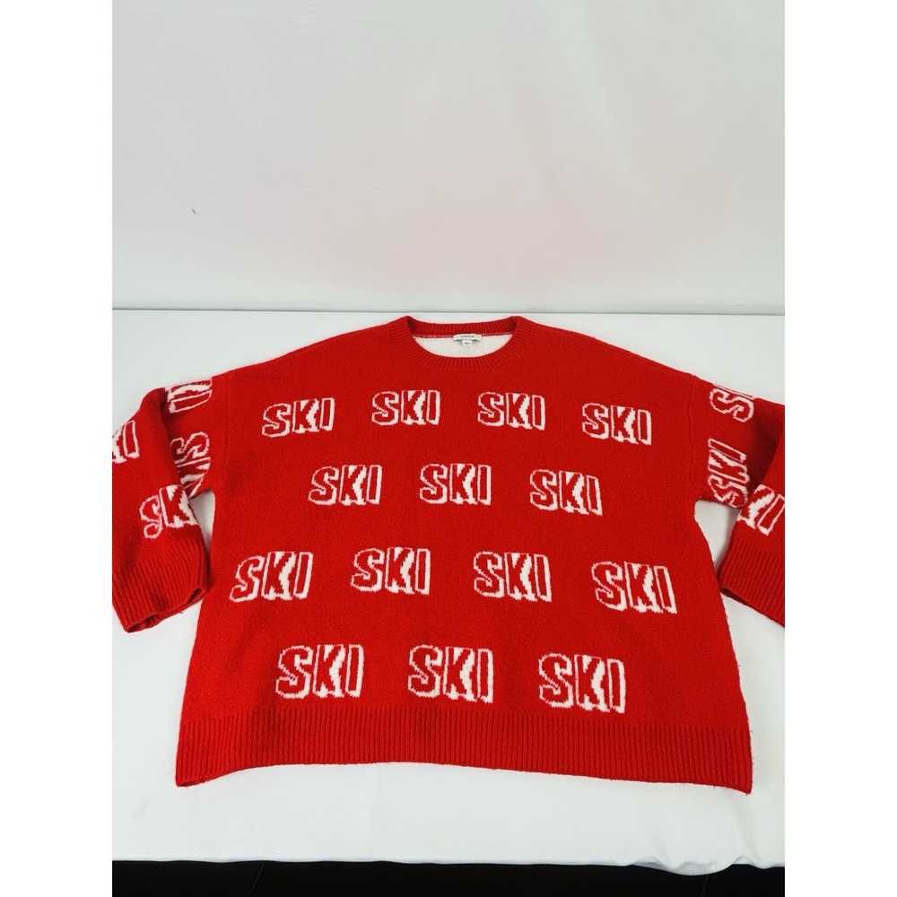 CeCe Red/White Ski All Over Print Crew Neck Sweater Women’s Large